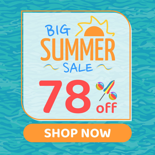 夏季大减价78%，橙色和蓝色，泳池水背景，现在购物图片下载