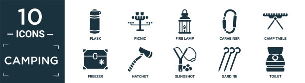 充满野营图标集。包含扁烧瓶，野餐，火灯，钥匙扣，露营桌，冰箱，斧头，弹弓，沙丁鱼，马桶图标在可编辑的格式。图片下载