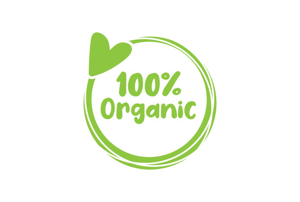 有机100%标志，标签，贴纸，文字设计与绿色线条轮廓和心脏，白色背景图片下载
