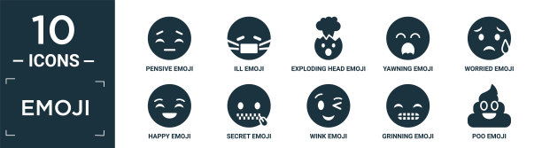 填充表情符号图标集。包含平面忧郁的表情符号，生病的表情符号，爆炸头打哈欠担心快乐的秘密眨眼咧嘴笑便便图标在可编辑的格式。图片下载