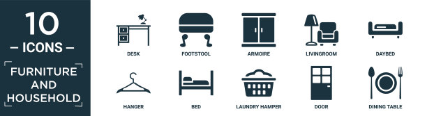 填充家具和家庭图标集。包含写字台，脚凳，衣橱，客厅，沙发床，衣架，床，洗衣篮，门，餐桌图标，可编辑格式。图片下载