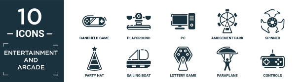 充满娱乐和街机图标集。包含平板掌上游戏，游乐场，个人电脑，游乐园，旋转器，派对帽子，帆船，彩票游戏，滑翔机，控制图标在可编辑的格式。图片下载