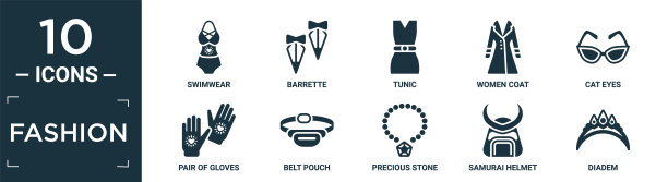 填充时尚图标集。包含扁平泳衣，发夹，束腰外衣，女性大衣，猫的眼睛，对手套，腰带袋，宝石，武士头盔，皇冠图标在可编辑的格式。图片下载