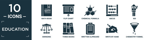 填充教育图标集。包含平面数学书，挂图，化学式，算盘，孩子，摇摆，三本书，书写剪贴板，手写，化学漏斗图标在可编辑的格式。图片下载