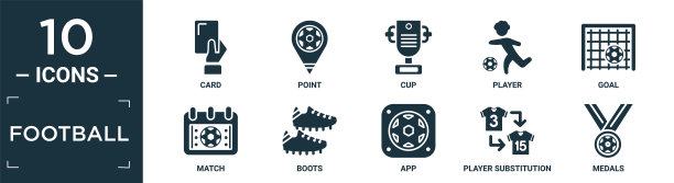 填充足球图标集。包含扁平卡，点，杯，球员，目标，比赛，靴子，应用程序，球员替换，奖牌图标在可编辑的格式。图片下载