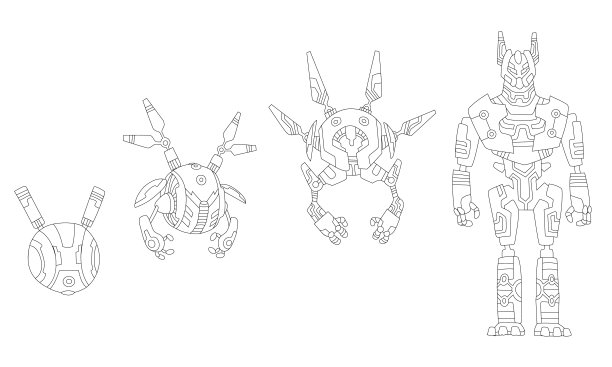 机器人草图。机器人概念的线描演变。矢量等距机器人从简单的单任务机器到现代服务机器人。人工智能，外星机器图片下载