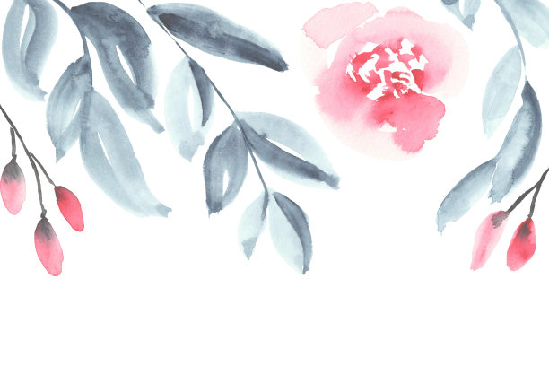 水彩花卉卡片在粉红色和蓝色。手绘植物标题。图片下载