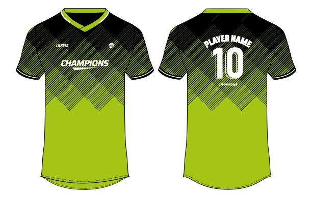 体育t恤球衣设计平面草图插图，抽象半色调v领足球球衣概念与前后视图为足球，板球，排球，橄榄球，网球，羽毛球统一套件图片下载