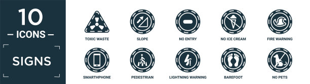 填充符号图标集。含有扁平有毒废物，斜坡，禁止进入，没有冰淇淋，火灾警告，智能手机，行人，闪电警告，赤脚，没有宠物图标可编辑格式。图片下载