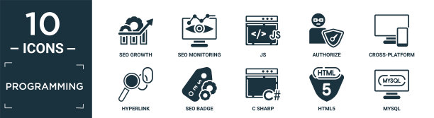 编程图标集：包含SEO增长、SEO监控、JS、授权、跨平台、超链接、SEO徽章、C Sharp、HTML5、MySQL等扁平化可编辑格式图标图片下载
