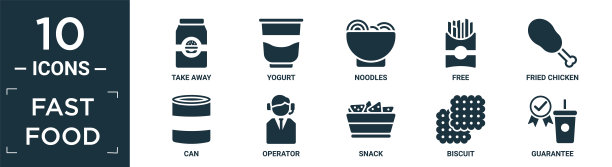 填充快餐图标集。包含平面外卖，酸奶，面条，免费，炸鸡，罐头，运营商，零食，饼干，保证图标的可编辑格式。图片下载