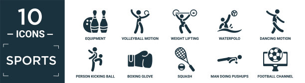 填充运动图标集。包含平面设备，排球运动，举重，水球，舞蹈运动，人用膝盖踢球，拳击手套，壁球，男子做俯卧撑，足球。图片下载