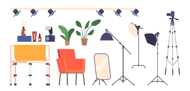 摄影工作室设备包括相机，灯，三脚架，反光镜和背景，矢量插图图片下载
