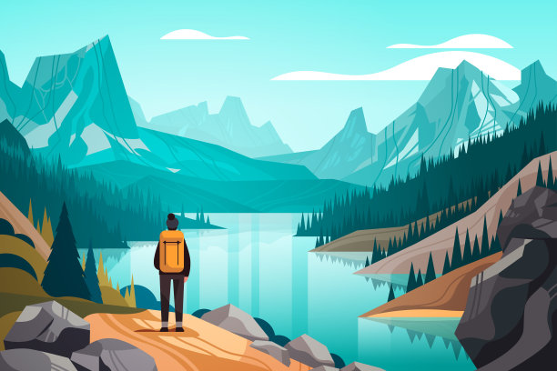 背背包的游客在山间徒步旅行，欣赏美丽的自然景观图片下载