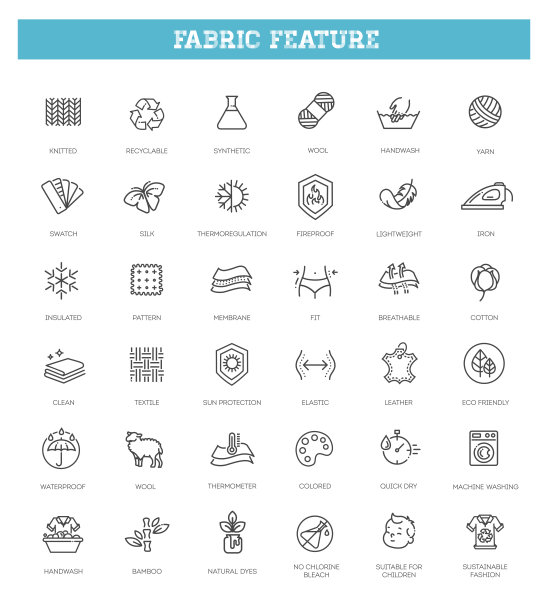 一组织物特征图标。线条艺术风格的图标包。矢量图图片下载