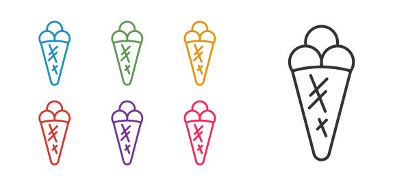 设置线冰淇淋在华夫蛋筒图标孤立的白色背景。甜蜜的象征。设置图标彩色。向量图片下载