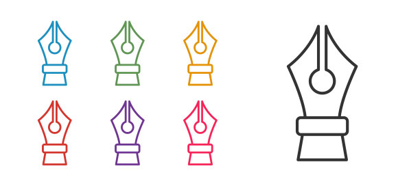 设定线钢笔笔尖图标孤立的白色背景。钢笔工具标志。设置图标彩色。向量图片下载