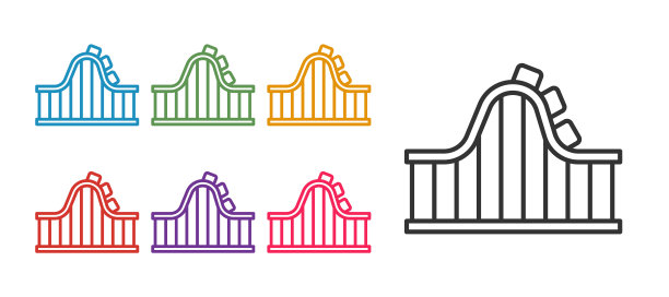 设置线过山车图标孤立的白色背景。游乐园。儿童娱乐乐园、休闲公园。设置图标彩色。向量图片下载