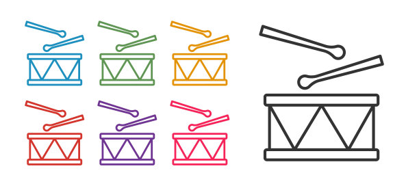 设置线鼓与鼓棒图标隔离在白色背景上。音乐符号。乐器符号。设置图标彩色。向量图片下载