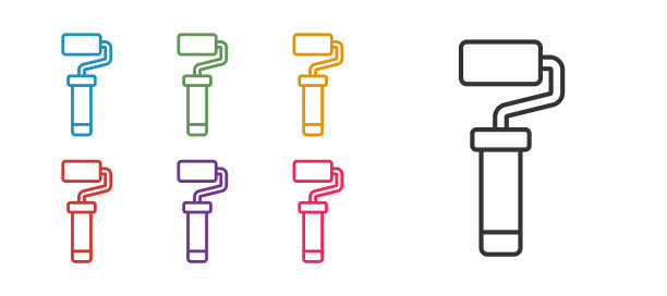 设置线漆辊刷图标孤立在白色背景上。设置图标彩色。向量图片下载