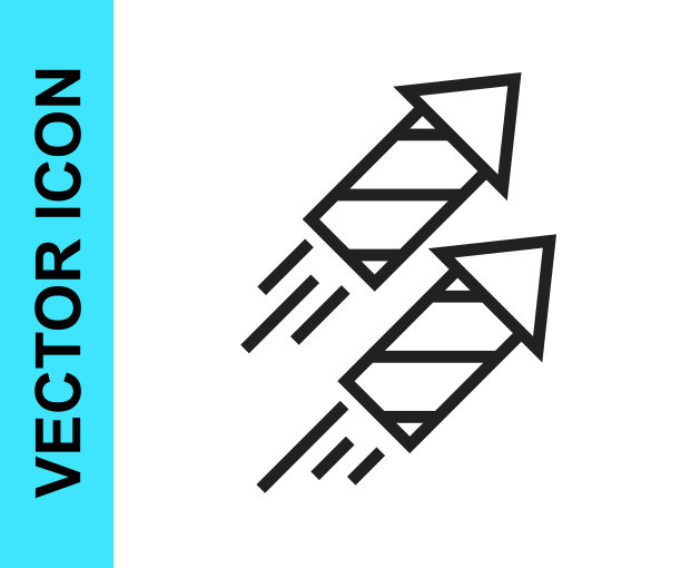 黑线烟花火箭图标孤立在白色背景。有趣派对的概念。爆炸性烟火符号。向量图片下载