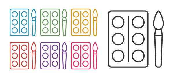 设置线水彩颜料在盒子与油漆刷图标隔离在白色背景。设置图标彩色。向量图片下载