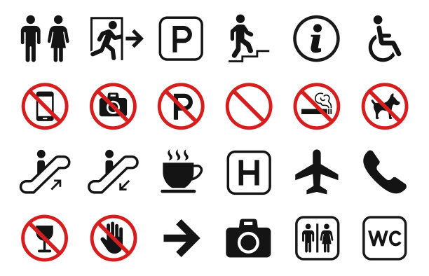 公共标志wc，自动扶梯，出口，楼梯，禁止动物，禁止摄像头，禁止吸烟，停车…矢量图图片下载