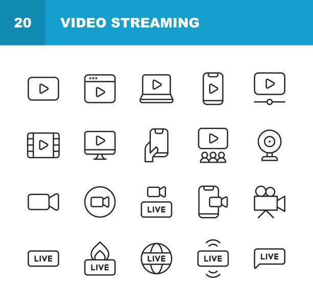 视频流媒体线图标。可编辑的中风。包含这样的图标，直播，网络流媒体，视频流媒体，广播，播客，电视，体育，设备屏幕，电影和电影，社交媒体，影响者，设备屏幕。图片下载