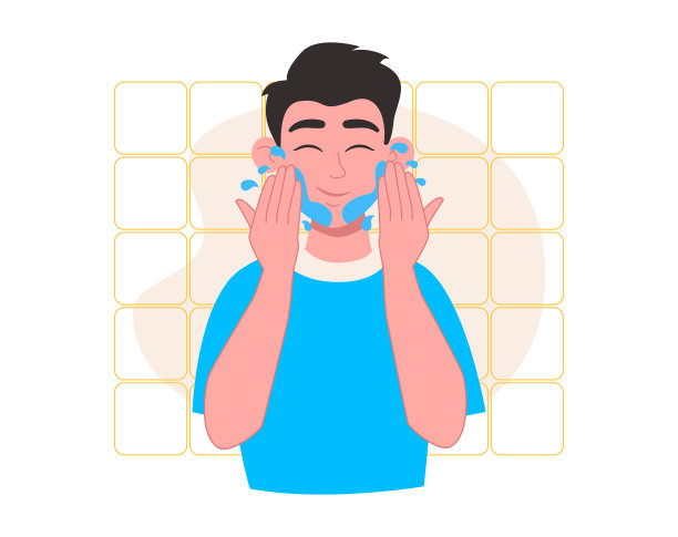 皮肤护理。男士用水清洗或冲洗掉产品。向量图形。图片下载