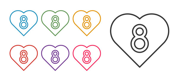 设置线心脏与3月8日图标隔离在白色背景。象征浪漫的连结、加盟、激情与婚礼。妇女节快乐。设置图标彩色。向量图片下载