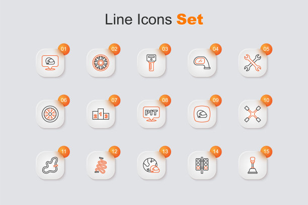 设置线换档器，赛车交通灯，头盔，轨道，正时皮带套件，车轮扳手，和进站图标。向量图片下载