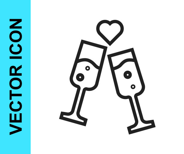 黑线杯香槟图标孤立在白色背景。情人节快乐。向量图片下载
