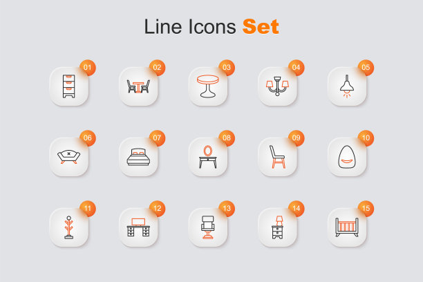 设置线婴儿床摇篮床，家具床头柜灯，办公椅，书桌，外套，Pouf，椅子和梳妆台图标。向量图片下载