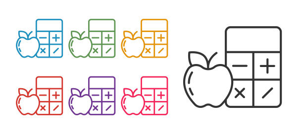 设置线卡路里计算器图标隔离隔离在白色背景上。卡路里计数。饮食。减肥。部分控制。健康饮食。膳食营养。设置图标彩色。向量图片下载