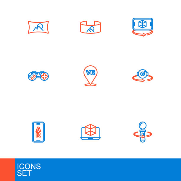 集线VR控制器游戏，3d建模，增强现实AR, 360度视图，手柄，虚拟，和图标。向量图片下载