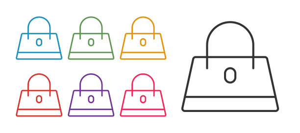 设置线手袋图标孤立的白色背景。女性手袋标志。魅力休闲的行李符号。设置图标彩色。向量图片下载