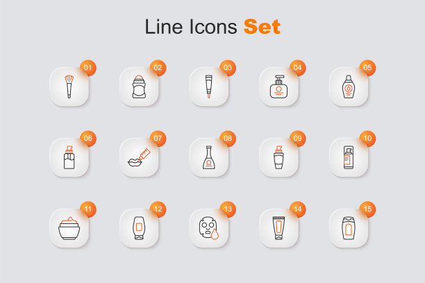 设置线瓶洗发水，面霜或乳液化妆品管，面膜，剃须啫喱泡沫，管护手霜和指甲油图标。向量图片下载