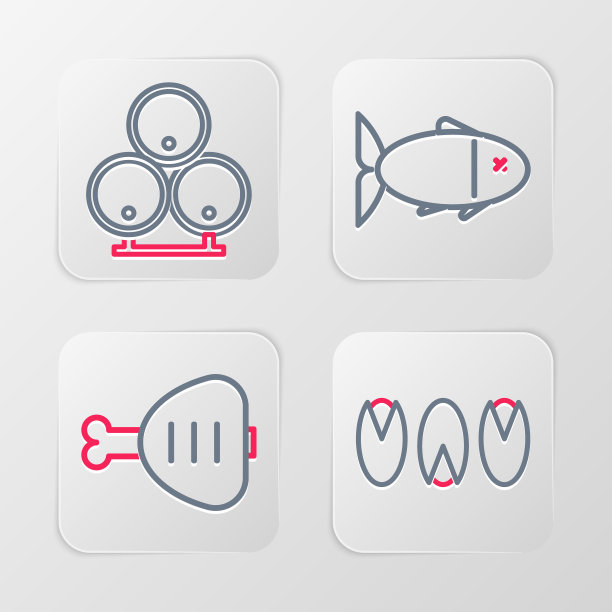 设线开心果，鸡腿，鱼和木桶图标。向量图片下载