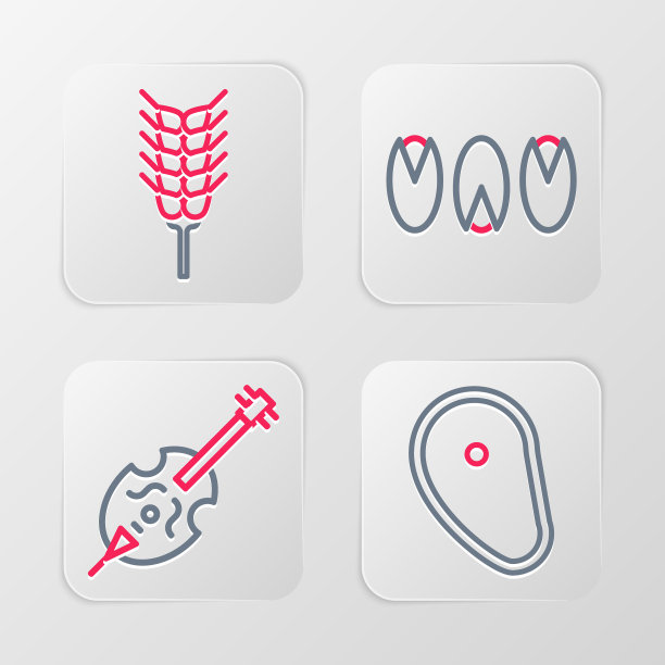 设线牛排肉，小提琴，开心果和小麦图标。向量图片下载