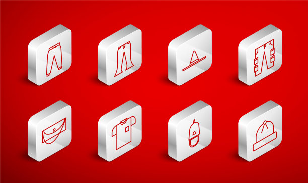 集线冬季帽子，裤子，园丁工人，工装裤，警帽帽檐，运动，Polo衫和手包图标。向量图片下载