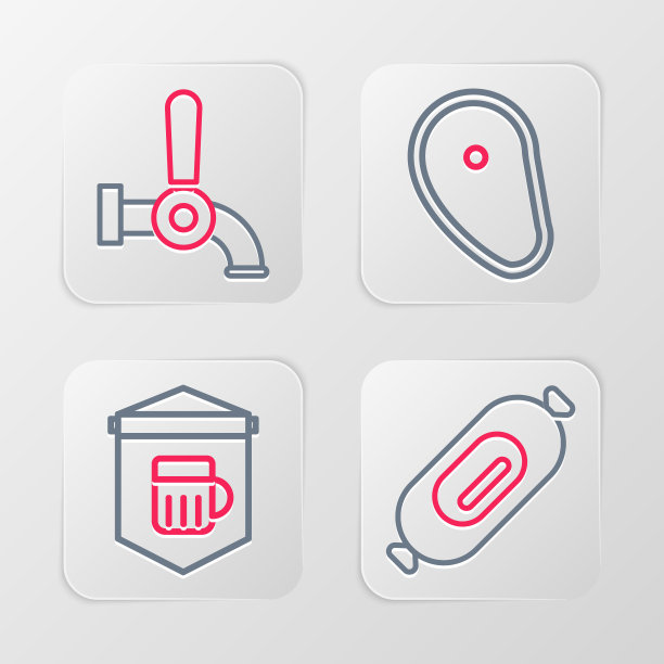 设置线腊肠，招牌与啤酒，牛排肉和啤酒龙头图标。向量图片下载