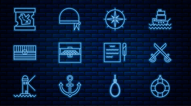 设置线救生圈，交叉海盗剑，风玫瑰，古董宝箱，海盗地图，羽毛笔和卷轴和头巾的头部图标。向量图片下载