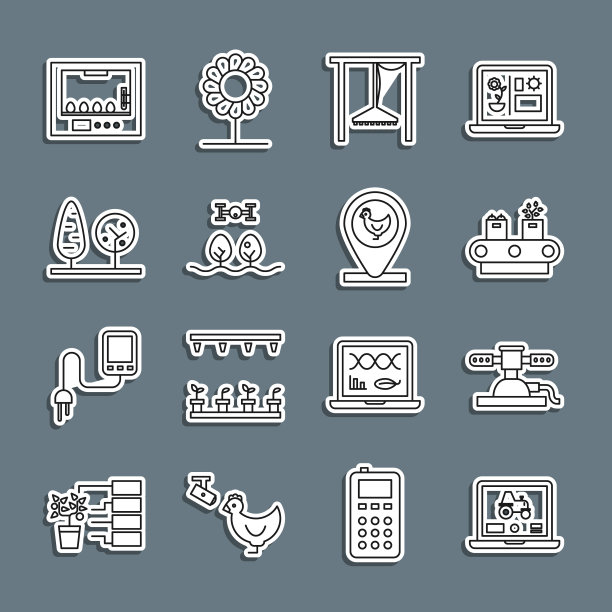 智能农场的笔记本电脑应用程序，自动灌溉洒水器，带盒子的传送带，智能无人机，树木，孵化蛋和鸡以及位置图标。向量图片下载