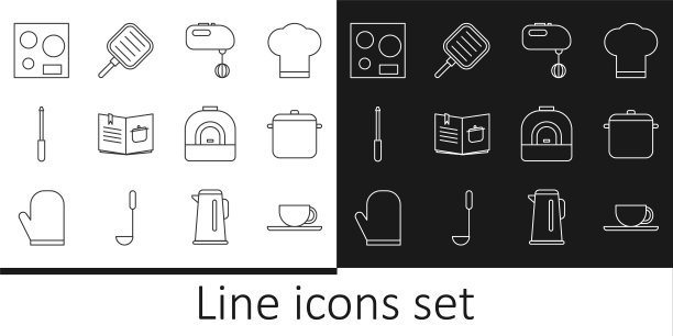 咖啡杯，烹饪锅，电动搅拌器，食谱，磨刀器，炉子，烤箱和煎锅图标。向量图片下载