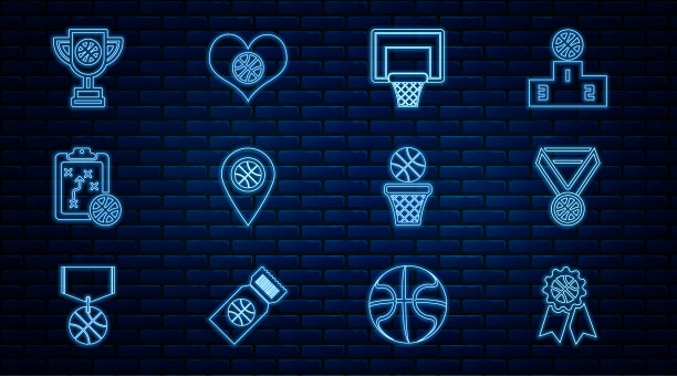 设置线篮球奖，奖章，篮板，位置与篮球，规划战略，奖杯，和心脏图标。向量图片下载
