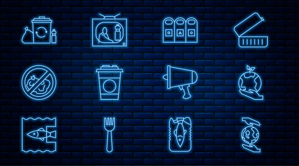 设置手持地球仪，垃圾分类垃圾桶，纸质玻璃，无垃圾，回收箱，循环利用，传播信息，扩音器和停止塑料污染图标。向量图片下载