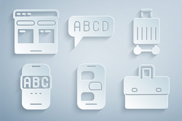 设置新的聊天消息通知，手提箱，外语在线学习，公文包，字母和在线翻译图标。向量图片下载