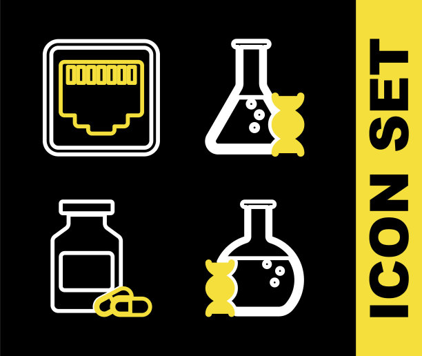 集线DNA研究，搜索，药瓶和药丸和网络端口电缆插座图标。向量图片下载