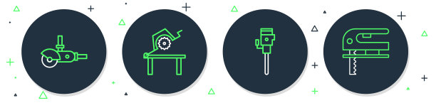 木工台锯，建筑手提钻，角磨机和电动拼图图标。向量图片下载