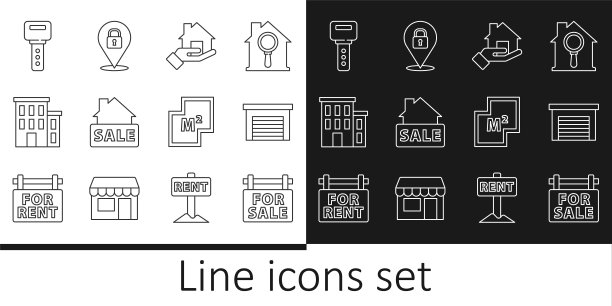 设置线悬挂标志出售，车库，房地产经纪人，房子，钥匙，计划和位置锁图标。向量图片下载